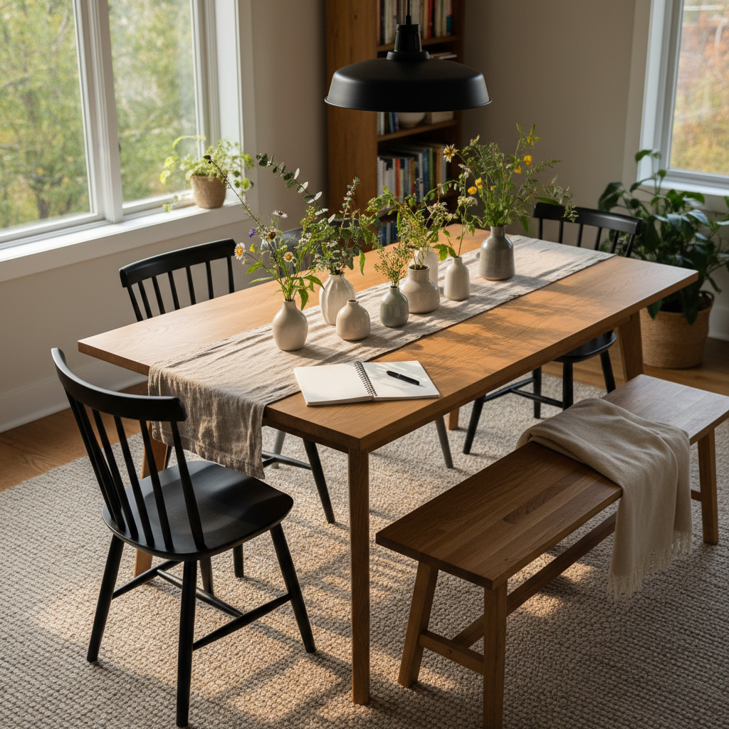 A dining area showcasing a thrifted table makeover styled for everyday family meals. A rectangular oak table with visible grain, refinished in a light matte stain, is centered beneath a simple black metal pendant. The tabletop holds a linen runner in warm stone, a cluster of assorted ceramic bud vases with foraged greenery, and a single open notebook with a pen, hinting at real life. Mixed dining chairs—painted black windsors and a simple wooden bench—surround the table on a neutral flatweave rug. Soft late-afternoon light enters from the side, creating long, gentle shadows. Photographic realism, captured from a slightly elevated angle, with moderate depth of field, highlighting the curated yet relaxed, budget-conscious charm.