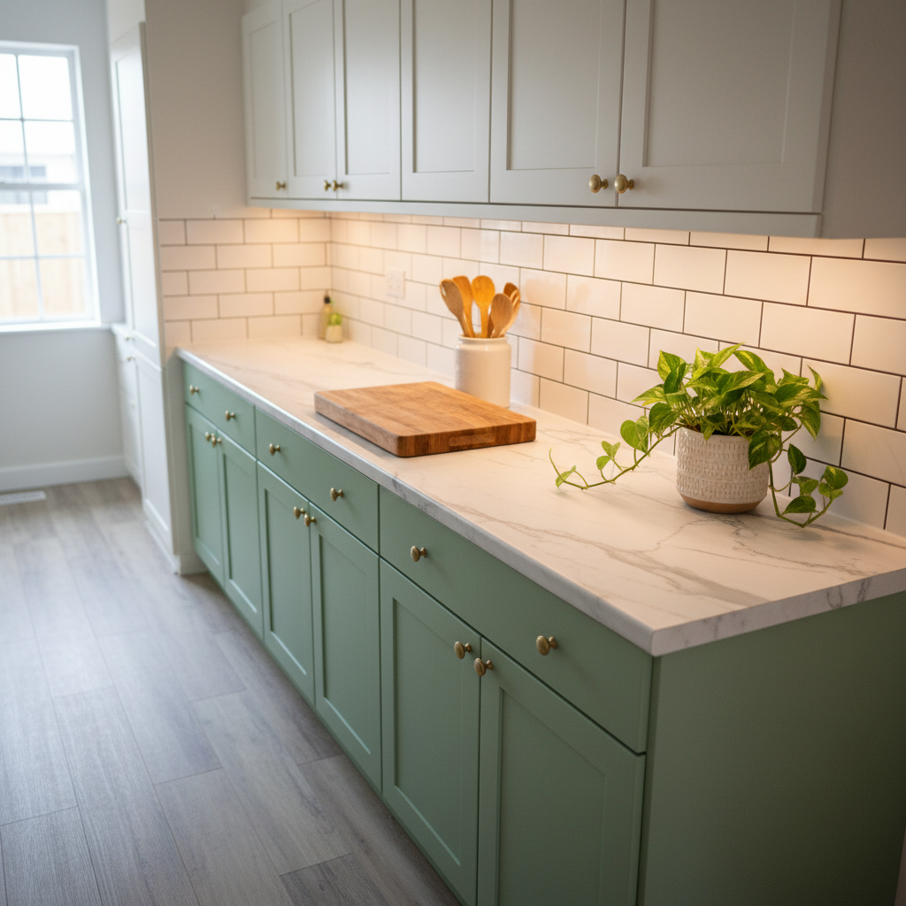 A modest galley kitchen transformed with budget-conscious updates, featuring freshly painted sage-green lower cabinets and warm white uppers with simple brass knobs. A faux-marble peel-and-stick countertop holds a single wooden cutting board, a white stoneware utensil crock, and a small trailing plant in a textured pot. A subway tile peel-and-stick backsplash with neat grout lines reflects the soft glow of under-cabinet lighting. Natural light from a nearby window blends with the warm task lighting, creating a cozy, real-life ambiance. Photographic realism, shot from a slightly elevated angle with sharp focus throughout, emphasizes the clever, curated styling and attainable renovation details while maintaining a clean, sophisticated aesthetic.