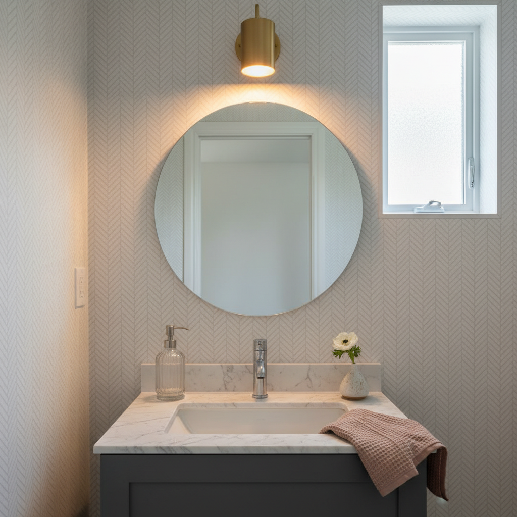 A small bathroom refresh featuring budget DIY details that feel elevated. A compact vanity painted deep charcoal is topped with a faux-stone laminate counter, styled with a ribbed glass soap dispenser, a folded waffle hand towel in dusty blush, and a petite bud vase holding a single white bloom. Above, a simple frameless mirror is bordered by a newly installed brass sconce casting warm, flattering light. The walls are covered in peel-and-stick, subtle herringbone wallpaper in soft white and dove gray. Photographic realism, shot straight-on with balanced composition and crisp focus, capturing the interplay of warm artificial light with faint natural light from a tiny frosted window, creating a sophisticated, spa-like yet attainable mood.