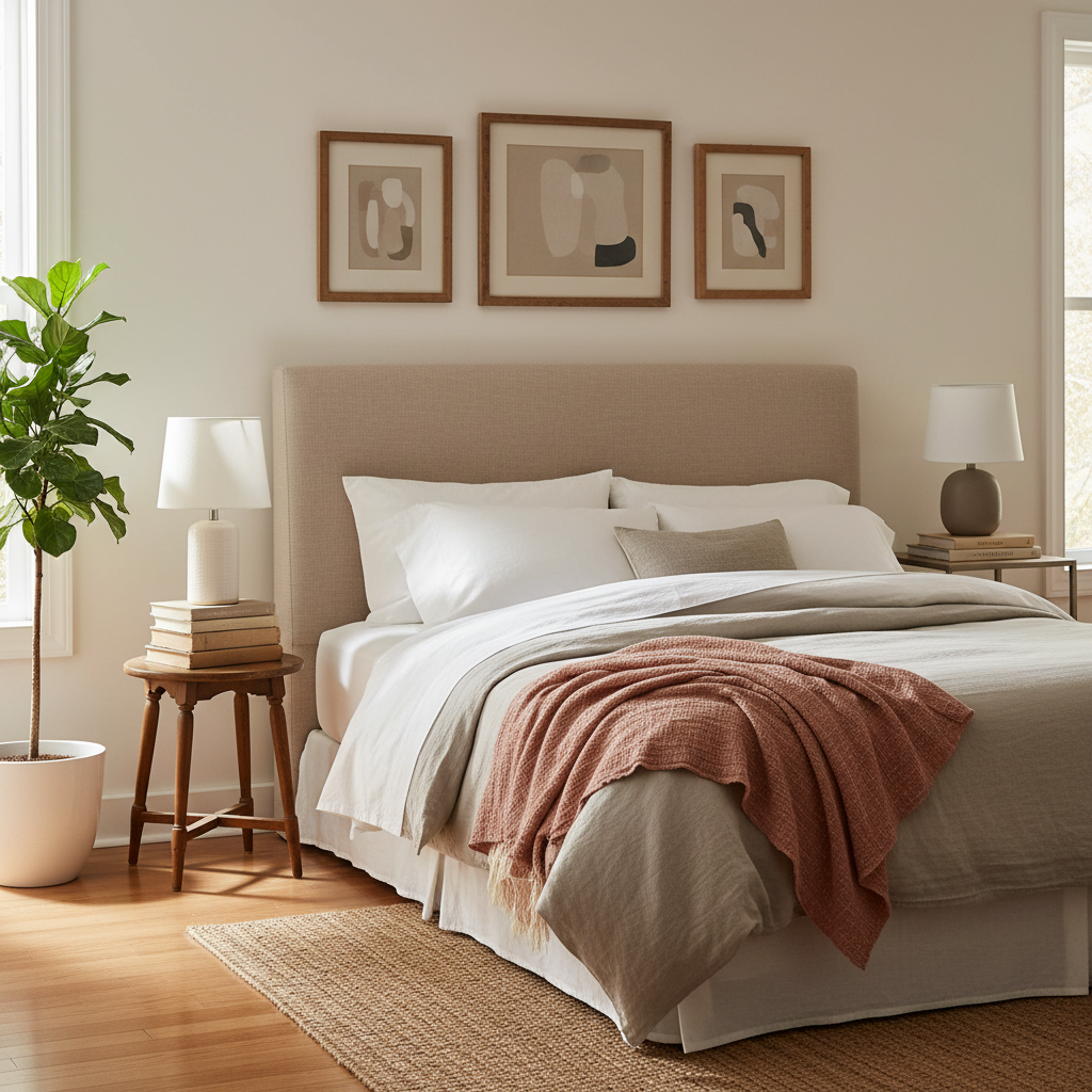 A serene, budget-conscious bedroom with a curated, layered bed as the focal point. A simple upholstered headboard in oatmeal linen is framed by crisp white bedding, a stone-colored cotton coverlet, and a single folded, rose-toned throw draped casually across the foot. Two mismatched bedside tables, unified by the same warm white paint, each hold minimalist ceramic lamps and small stacks of well-loved books. Above the bed, a trio of thrifted frames with abstract neutral art hangs in a precise row. Morning light streams through a nearby window, creating soft highlights on the textiles. Photographic realism, composed using the rule of thirds at eye level, with a calm, sophisticated, lived-in mood.