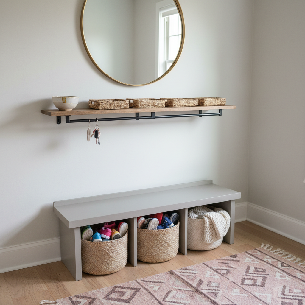 A practical yet beautiful entryway drop zone styled for real-life motherhood. A narrow wall-mounted wooden shelf with black metal brackets holds a row of woven trays and a small ceramic bowl for keys. Below, a painted shaker-style bench in muted greige supports two structured jute baskets partially filled with children’s sneakers and a folded knit blanket. Above the shelf, a single oversized round mirror with a thin brass frame reflects diffused daylight from an unseen window. A washable, patterned rug in muted rose and sand tones anchors the vignette on hardwood floors. Photographic realism, captured from a slightly angled perspective, with soft natural light and gentle shadows, conveying a sophisticated yet approachable, family-functional atmosphere.